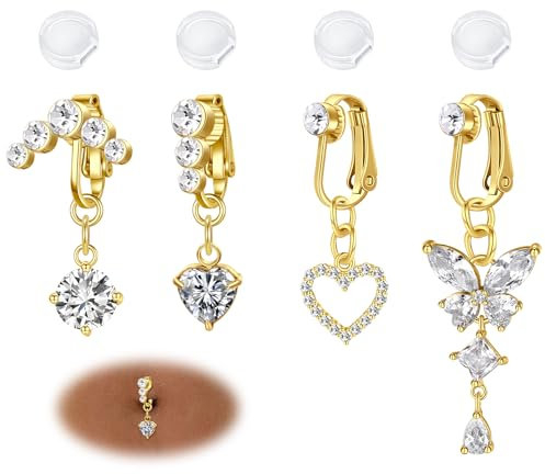 AVYRING 4 Pièces Bijoux de Piercing Nombril Faux, Clips Dorés pour Femmes, en Acier Chirurgical 316L, avec Cœur et Papillon