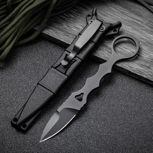 Amacigana Tragbares Messer mit Fester Klinge aus 440c-Stahl, Kydex-Scheide und Messerclip für Camping (Schwarze Vollklinge 02)