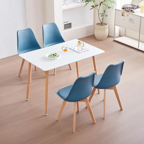 JZGORC Esszimmer-Set, Esstisch mit 4 Stühlen, 110 x 70 x 75 cm, Rechteckiger Esstisch aus Holz, 4 Skandinavische Esszimmerstühle, Metallbeine, Dunkelblau