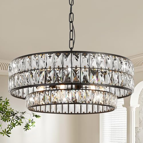 WELAKI HOME Modern Kristall Deckenleuchte Schwarz – Elegante 6-Flammige Rund Kronleuchter mit Kristall, E12 für Schlafzimmer Wohnzimmer Esszimmer Küche Flur, Keine glühbirne, Ø35+Ø50cm | Pendelleuchte, moderne Deckenlampe für Esszimmer, Foyer, Schlafzimmer