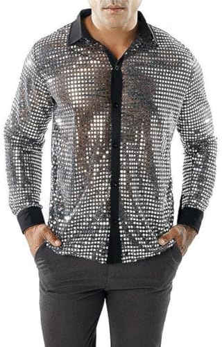 Men's Shiny Shirt Long Sleeve Sequins Button Down Sparkly 70s Disco Shirt | Retro Dancing Disco Fancy Dress T-Shirt, Sheer Mesh See-Through Button Front Tops for Party Nightclub Christmas Costume