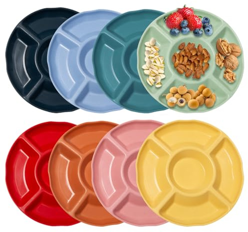 Rebanky 8 Pezzi Plastica Piatti Snack con 5 Scomparti Vassoio per Snack con Scomparti Piatti con Scomparti Riutilizzabili Antipastiera Aperitivo per Noci, Caramelle, Dessert 8 Colori, 23 x 2,5 cm
