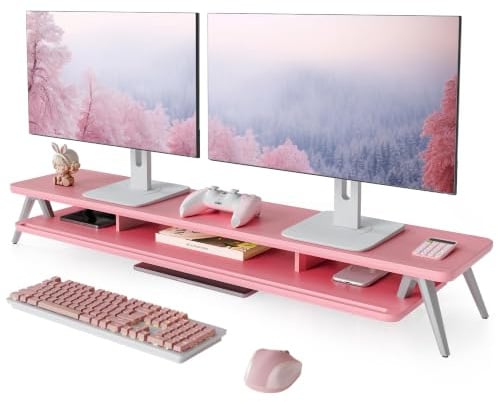 Fenge Supporto Monitor Scrivania, con Scanalatura Integrata per Cellulare, Tablet e Penna, Rialzo Monitor in Legno e Metallo, per PC, Portatile, TV, Casa e Ufficio (Rosa, 108cm)