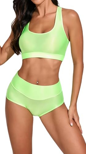 Ausing Frauen Set Sport Bauchweg Outfit Gym Scrunch Sets für Damen Yoga Sexy Kleidung Fitness Sommer Bekleidung Workout Sportlich Sportset Bikini Training Trainingsanzug Zweiteiler Glänzende Grün XL