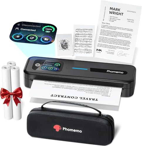 Phomemo M832D Thermodrucker A4 mit Tragetasche, Touchscreen Mobiler | Drucker für Zuhause, 300 DPI Kompatibel mit Android & iOS, Handy & Laptop mit Tragetasche und 3 Rollen Thermopapier