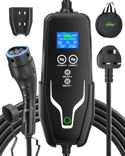 Evjuicion EV Charger 3 Pin Plug, 6M 3kW EV Charger Type 2 Electric Car Charger Adjust Current 6-13A 0-12 Hours Delay Timer, IP67 Waterproof, Electric Car Charger with Carry Bag