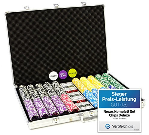 Nexos Trading Pokerkoffer 1000 Chips Laser Pokerchips Poker Komplett Set Alu-Koffer, Chips mit Metallkern 12g inkl. Kunststoffkarten und weiterem Zubehör