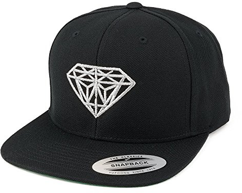 Diamond Embroidered Flat Bill Snapback Cap - Black with Metallic Silver Thread