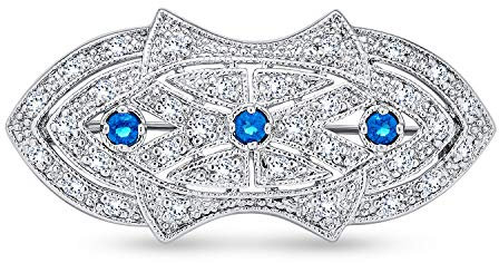 Bling Jewelry Art Deco Stil Schal Brosche Pin Für Frauen Blau Klar Cz Simulierten Saphir Silber Plattiert Messing