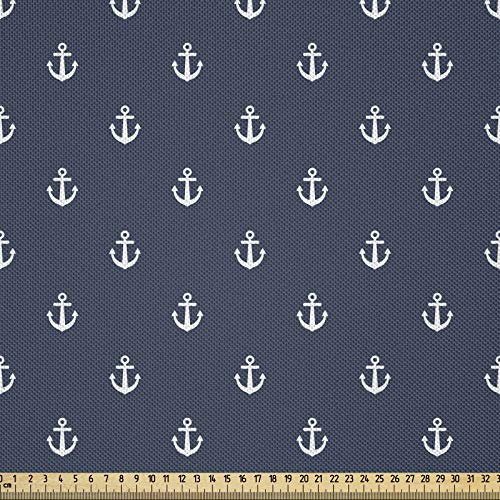 ABAKUHAUS Navy blau Stoff als Meterware, Anker-Seereisen, Seidiger Satin Stoff für Polster Heimtextilien, 1M (148x100cm), Weiß