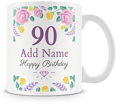 90th Birthday Gift for Women - Personalised Mug/Cup - Add Name - Birthday Flowers Design