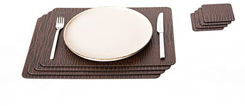 Lot de 4 set de table et 4 desous de verres, Set de table 40 x 30 cm et sous-bock 10 x 10 cm, Cuir naturel recyclé, Choix de couleurs - Rouge, Blanc, Orange, Brun, Bourgogne foncé (40 x 30 cm, Crocko)