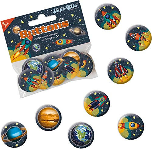8 Mini Button * Weltraum * mit Anstecknadel als Mitgebsel zum Kindergeburtstag | 67251 | Kinder Geburtstag Geschenk Party Buttons Set Astronaut Rakete Weltall Space