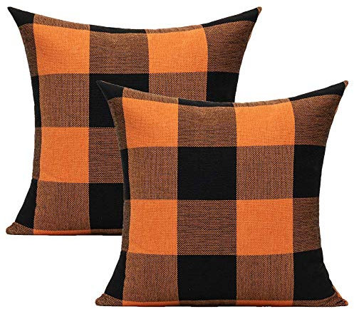 Halloween Orange and Black Buffalo Plaids Decorative Throw Pillow Covers Fall Farmhouse Classic Retro Rustic Cotton Linen Square Cushion Cases Home Decor for Sofa Couch Patio Outdoor 18x18 Set of 2