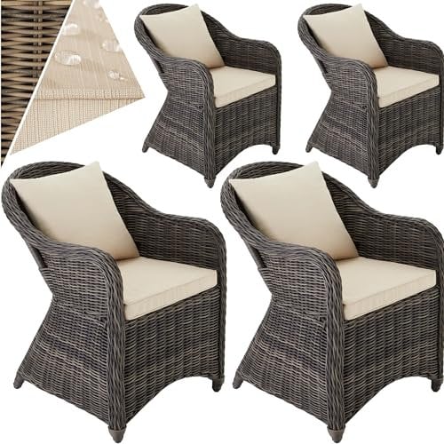 tectake® 4er Set Rattansessel, Polyrattan Gartenstühle mit Aluminiumgestell, Outdoor Korbsessel mit weichen Sitzpolstern, wetterfest, Rattan Stuhl für Garten Terrasse Balkon und Wintergarten - grau