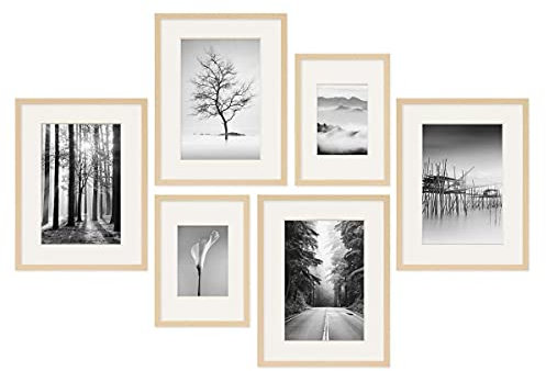 PHOTOLINI Bilderrahmen Set verschiedene Größen, 6 Natur MDF Holz Bilderrahmen mit Passepartout, Bilder Rahmen mit Acrylglas, No.4 Bilderrahmenset zum Aufhängen, Fotowand Fotorahmen Set & Zubehör