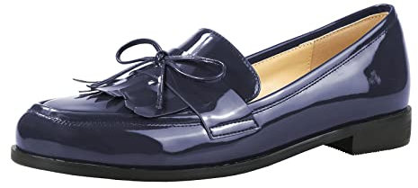 Lutalica W - Mocassini da donna in pelle verniciata lucida, con punta chiusa, comodo e casual, con fiocco e fiocco, Blu, 35.5 EU