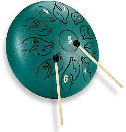 Tongue Drum,11 Noten 6 Zoll Zungentrommel Scheibentrommel,Steel Pan Töne Schlaginstrument Hand Pan Drum mit Tasche,Fingerpick,Musikbuch und Schlägel für Meditation Yoga Klangheilung -Grün