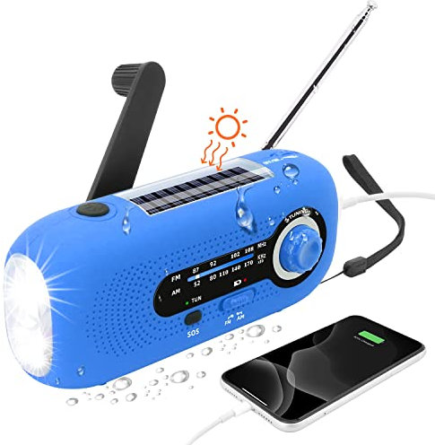 Journy Solaire Dynamo Radio,Radio Solaire avec Alarme SOS pour Les urgences,Petite Radio,étanche IPX3 Radio,Radio à manivelle AM/FM,Lampe Poche,2000mAh Batterie(Bleu)