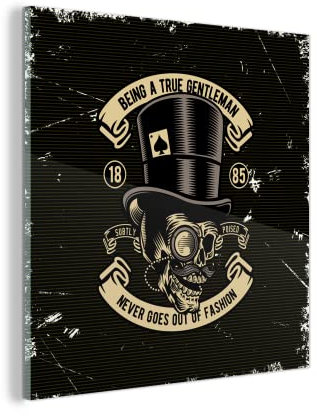 MuchoWow Glasbild Glasfoto Wandbild Bilder Deko 50x50 cm Totenkopf - Hut - Vintage