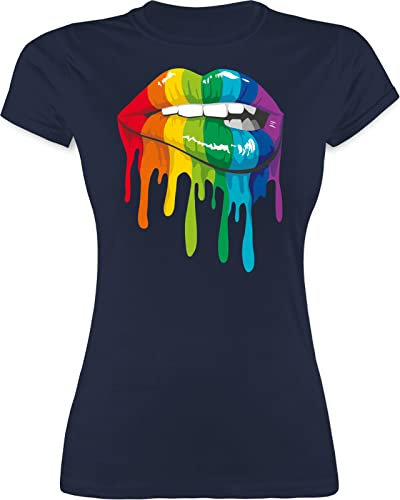 Shirt Damen - Kleidung Pride Flag - Lippen LGBT & LGBTQ - L - Navy Blau - Regenbogen Tshirt Outfit CSD lippe Funshirts für Frauen Lesbian Mund t-Shirts lqbtq Shirts Gay Oberteil lgbtqia t-Shirt