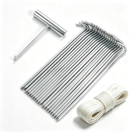 AAGUT Metal Tent Stakes Heavy Duty 9 Inch with Ties and T-Hook for Camping | 25 Pack Galvanized Ground Yard Stakes, 6 Gauge Garden Edging Fence Pegs for Inflatable, Tarp, Outdoor Christmas Decorations