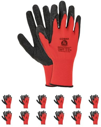 TK Gloves Cobra Work Gloves, Size 11, 12 Pairs, Red, Black, Assembly Gloves, Protective Knitted Glove, Coated with Black Rough Latex/Polyester Protective Glove