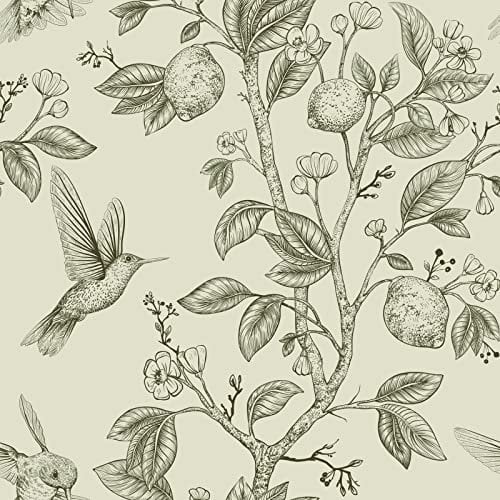 VEELIKE Beige Tapete Blumen Vintage Zitrone Vogel Fototapete Selbstklebend Schrankpapier Schlafzimmer Möbelfolie Wasserfest Klebefolie Möbel Tropische Blätter Wandtapete Wohnzimmer 44.5cm×300cm