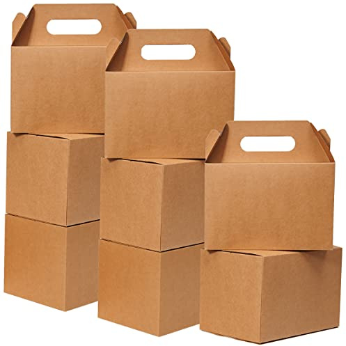 Shallive 15 Pcs Large Treat Boxes 9x6x6 Inch Brown Kraft Lunch Boxes with Handle Gift Bags For Baby Shower Birthday Party Supplies
