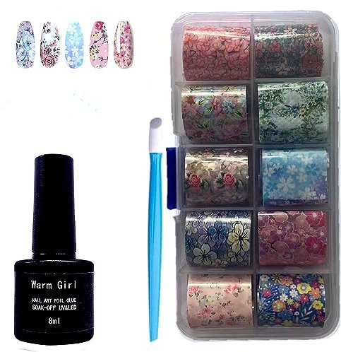 Warm Girl 8ml Nail Art Foil Glue Gel with 10 Roll Starry Sky Star Foil Stickers Set Nail Transfer Tips Manicure Art …