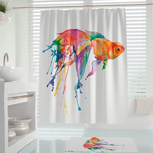 Rideau de Douche 180x200 Blanc en Superbe Design de Poisson Rouge | Rideau Douche Anti moisissure Excellent Accessoire décoratif de salle de bain Durable | Rideau de Douche avec Anneaux pour baignoire