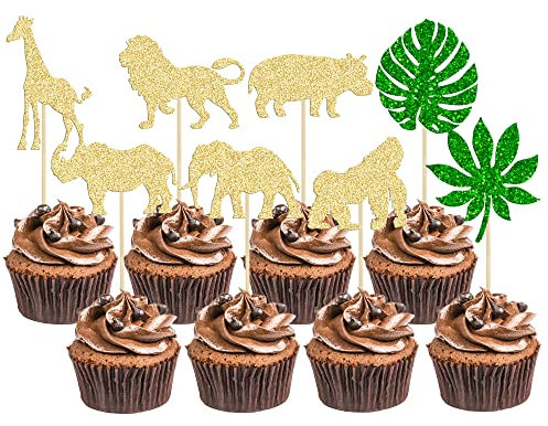 Gyufise 24Pcs Gold Jungle Safari Animal Cupcake Toppers Green Leaf Safari Jungle Wild Animals Cupcake Picks for Jungle Theme Baby Shower Kids Birthday Party Cake Decorations Supplies (ZN0600-4)