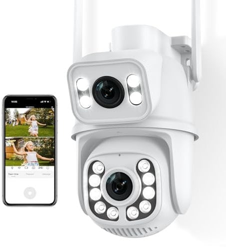 ANBIUX 2K Camara Vigilancia WiFi Exterior con Doble Lente, PTZ Cámara IP Vigilancia Domicilio, Cámara de Seguridad con Visión Nocturna Color, Seguimiento Automático, Audio Bidireccional, IP66