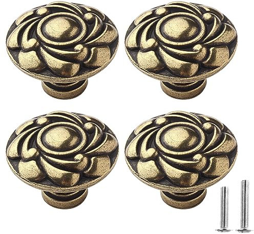 4PCS Antique Bronze Flower Round Cabinet Knobs Vintage Chic Bronzy Drawer Knobs Retro Kitchen Cupboard Door Pull Knobs Handles Hardware for TV Cabinets Bathroom Cabinets Wardrobes Closet Chest
