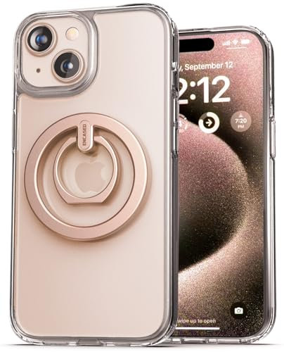Encased 2-in1 Case, Designed for iPhone 15 Plus Case with Ring Phone Holder, Magnetic Finger Loop w/Kickstand (Metal Phone Stand Grip) Clear/Gold, Compatible with MagSafe