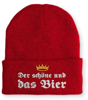 tshirtladen Strickmütze Der schöne und das Bier Mütze Wintermütze lustige Beanie mit Stick, Farbe: Rot