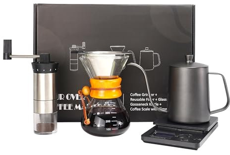 Pour Over Coffee Kit, Coffee Maker Set, All in One Hand Drip Coffee Set, Coffee Grinder Manual Set, Ideal for Anniversary Birthday Gift
