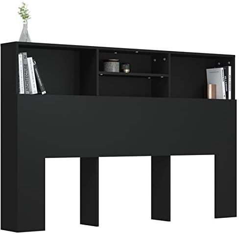 Gecheer Headboard Built in Cabinets, Bedroom Display Shelf, Bedside Cabinet with Headboard, Wooden Storage Backboard Bed Accessory Black 160x19x103.5 cm
