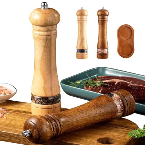 LUHEVIDIA paquete de 3 molinillo de sal y pimienta-molinillo de pimienta de madera con soporte de bandeja(22 CM/8,7 ),cuenta con un mecanismo de molienda de cerámica ajustable