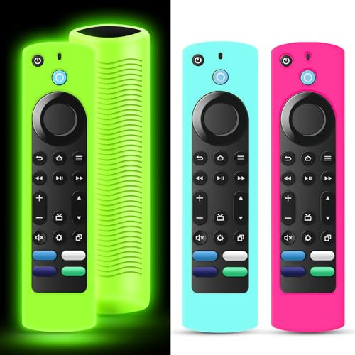 SOTATOO Silikon-Ersatz-Fernbedienung, kompatibel mit Toshiba und Insignia Fire TV-Fernbedienung, leicht, rutschfest, stoßfest, leuchtet im Dunkeln, Grün, Rosa, Rot, Himmelblau, 3 Stück, PTC-3P-GRB
