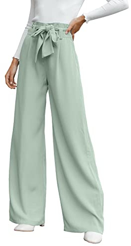 Cicy Bell Damen Weite Bein, Stoffhose Damen Hohe Taille Palazzo Hose, Leicht, Lockere Freizeithosen, Hose Krawatte Knoten Taschen-Elegant Casual Weite Hose,Hosen-Hellgrün, S