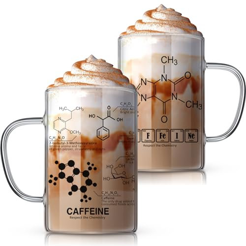Layhit Chemistry Glasses, Caffeine Beaker Mug Thick Glass Mug for Coffee Borosilicate Glass Mug with Chemistry Molecules Graduated Chemistry Glassware with Handle 17 oz Pharmacy Science Gift (2 Pack)