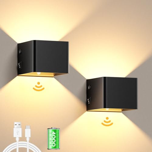 BENMA 2 Stück Akku LED Wandleuchte mit Bewegungssensor, 4000mAh Wandlampe innen, 3000K Warmweiß Wandleuchte Innen für Treppe Flur Wohnzimmer Schlafzimmer Garage