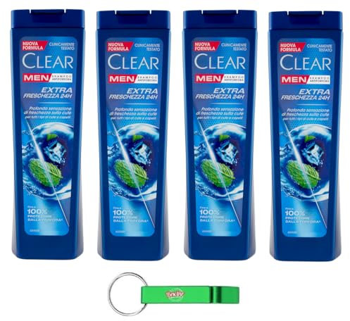4x Clear Extra Freschezza 24H Men Shampoo für alle Haar- und Kopfhauttypen - Extra Frische Shampoo 225ml + Beni Culinari Kostenloser Schlüsselanhänger