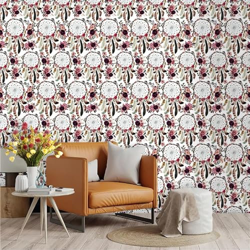 Selbstklebende Tapete Traumfänger Rot Strukturtapete Wandtattoo Schlafzimmer Tapete Selbstklebend Vliestapete Wallpaper for Living Room Tapeten Leicht zu Entfernen Wandschutzfolie 45x300cm