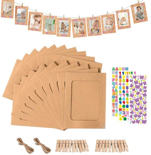 ZOCONE Juego de Marcos de Fotos Papel Kraft 20 Piezas Marcos de Papel para Fotos con 20 Pinzas de Madera y Cuerda Pegatinas Artesanal DIY Marco de Fotos de Cartón para Colgar Fotos Decorar Paredes