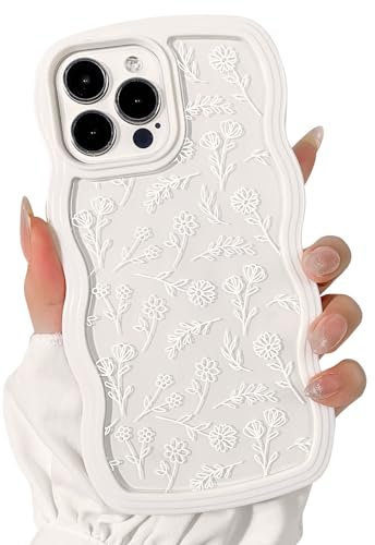 NITITOP Compatible for iPhone 13 Pro Case Cute Clear Flower Floral Leave Curly Blue Wave Frame Shape Wavy Shockproof Soft TPU 2 in 1 Protective Phone Cover for Women Girl - White