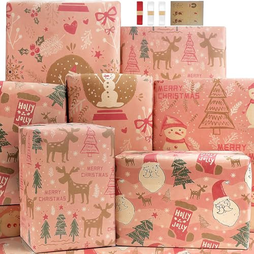 Geschenkpapier Weihnachten Mädchen Weihnachts Geschenkpapier Rosa,Weihnachtspapier Geschenkpapier Xmas Frauen Fee Girly Weihnachtsgeschenkpapier Elch Schneemann Packpapier Weihnachten Kraftpapier