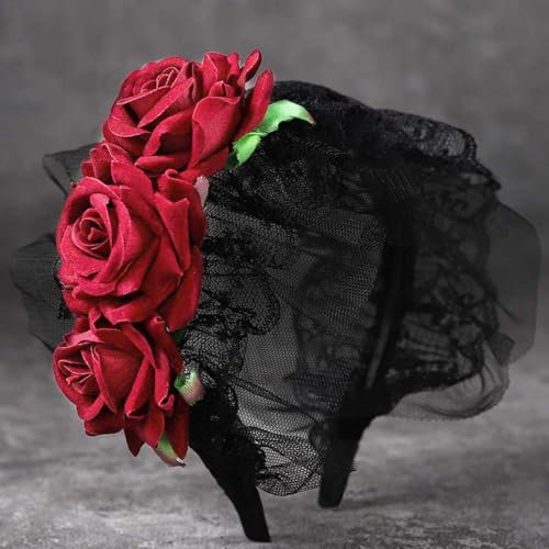 Reaky Bandeaux d'Halloween à fleurs rouges - Accessoire de cheveux gothique pour femme