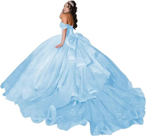 Yifanier Robe de Quinceanera en Tulle Scintillant avec Nœud Épaules Dénudées, Douce 16 avec Train MT013